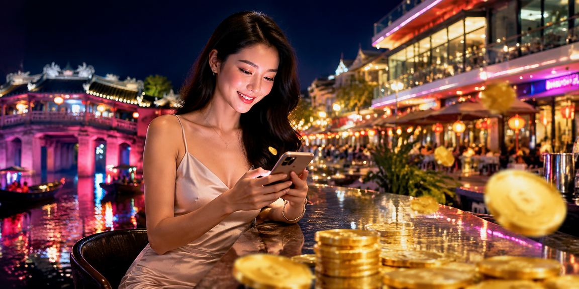 Trò chơi slot tại Hội An vào ban đêm, người chơi trải nghiệm trên di động